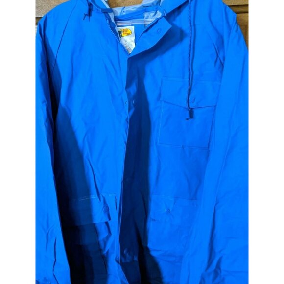 Bass Pro Waterproof Raincoat Jacket XL Blue Hooded Deep with Bill PVC Vented - Picture 2 of 8